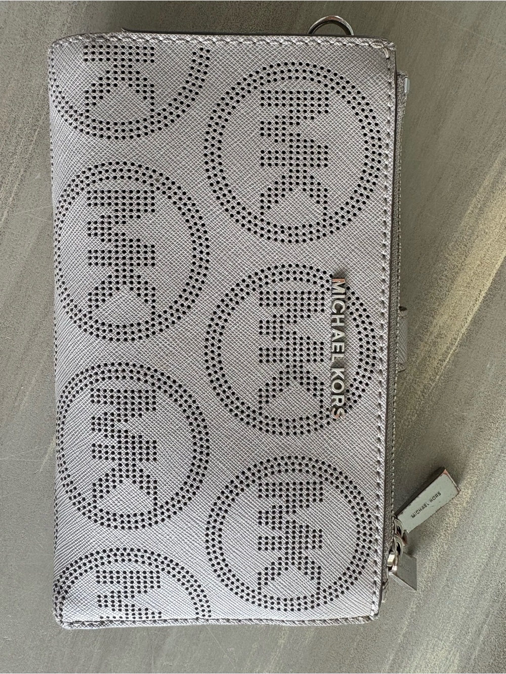 Michael Kors Silver Perforated Logo Zip Wallet